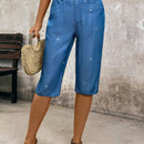 LUNE Pantalones capri plateados recubiertos de imitacion de Jean para mujer