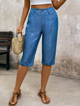 LUNE Pantalones capri plateados recubiertos de imitacion de Jean para mujer