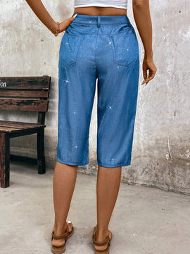 LUNE Pantalones capri plateados recubiertos de imitacion de Jean para mujer