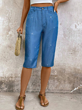 LUNE Pantalones capri plateados recubiertos de imitacion de Jean para mujer