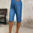 LUNE Pantalones capri plateados recubiertos de imitacion de Jean para mujer