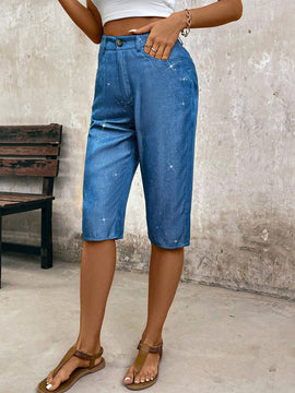 LUNE Pantalones capri plateados recubiertos de imitacion de Jean para mujer