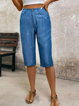 LUNE Pantalones capri plateados recubiertos de imitacion de Jean para mujer