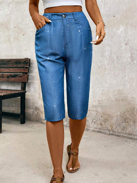 LUNE Pantalones capri plateados recubiertos de imitacion de Jean para mujer
