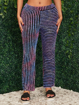 SXY Pantalon largo de parche unico y ajustado en la cintura alta con rayas