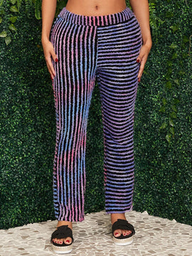 SXY Pantalon largo de parche unico y ajustado en la cintura alta con rayas