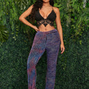 SXY Pantalon largo de parche unico y ajustado en la cintura alta con rayas