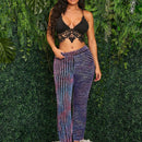 SXY Pantalon largo de parche unico y ajustado en la cintura alta con rayas