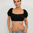 Camisa de burbujas manga corta vacacional y diaria para mujer con tejido arrugado de cuadros y correas cruzadas, sin espalda