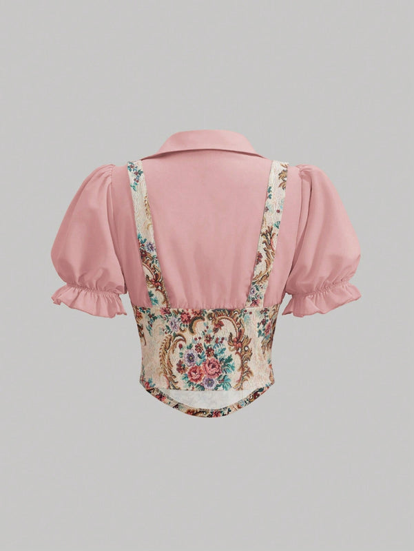 MOD Camisa de manga abullonada 2 en 1 con estampado de patron de palacio y parcheado impreso