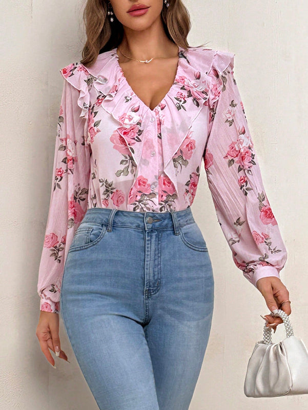 Camisa transparente de gasa para mujer con estampado floral, mangas de linterna y volantes para uso diario, playa, cita romantica, ceremonia de bodas, festival musical de verano