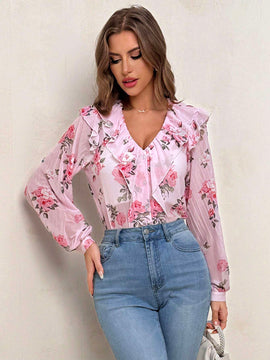 Camisa transparente de gasa para mujer con estampado floral, mangas de linterna y volantes para uso diario, playa, cita romantica, ceremonia de bodas, festival musical de verano