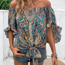 Camisa holgada para vacaciones de mujer, manga corta con diseno de patron paisley, hombros descubiertos y cintura con nudo