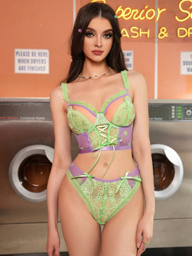 Eraneu Conjunto de Brasier y panty para mujer con alambre interior, tela de malla con encaje contrastante, detalle hueco y lazo de cinta impreso en la tela de malla