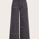 MOD Jeans casuales de mezclilla de ajuste holgado para mujer con bolsillos con parche y diseno de pierna ancha con dobladillo deshilachado