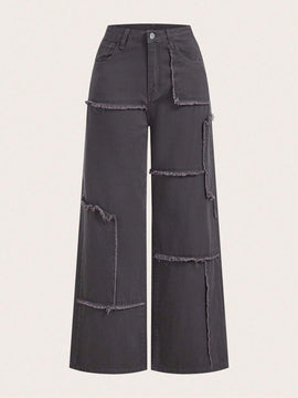 MOD Jeans casuales de mezclilla de ajuste holgado para mujer con bolsillos con parche y diseno de pierna ancha con dobladillo deshilachado