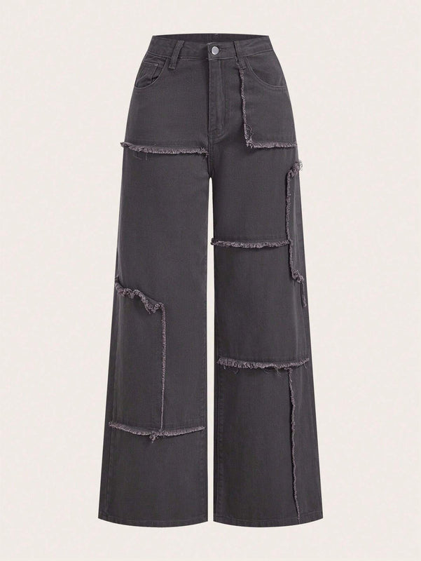MOD Jeans casuales de mezclilla de ajuste holgado para mujer con bolsillos con parche y diseno de pierna ancha con dobladillo deshilachado