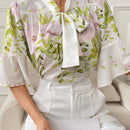 Blusa de verano elegante para mujer con estampado floral y lazo en el cuello