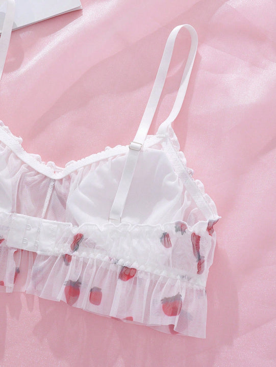 Juego de 2 piezas de lenceria de malla de fresa linda sin anillo de acero en talla estandar