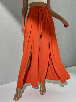 Prive Pantalones palazzo de longitud completa de pierna ancha y abertura alta con lazo en la cintura de unicolor para mujeres