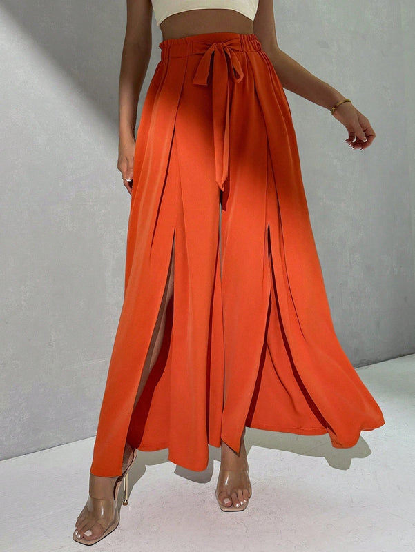 Prive Pantalones palazzo de longitud completa de pierna ancha y abertura alta con lazo en la cintura de unicolor para mujeres