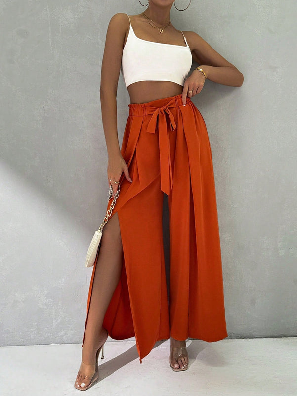 Prive Pantalones palazzo de longitud completa de pierna ancha y abertura alta con lazo en la cintura de unicolor para mujeres