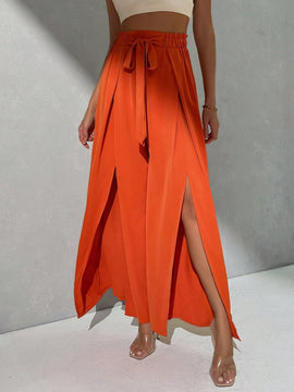 Prive Pantalones palazzo de longitud completa de pierna ancha y abertura alta con lazo en la cintura de unicolor para mujeres
