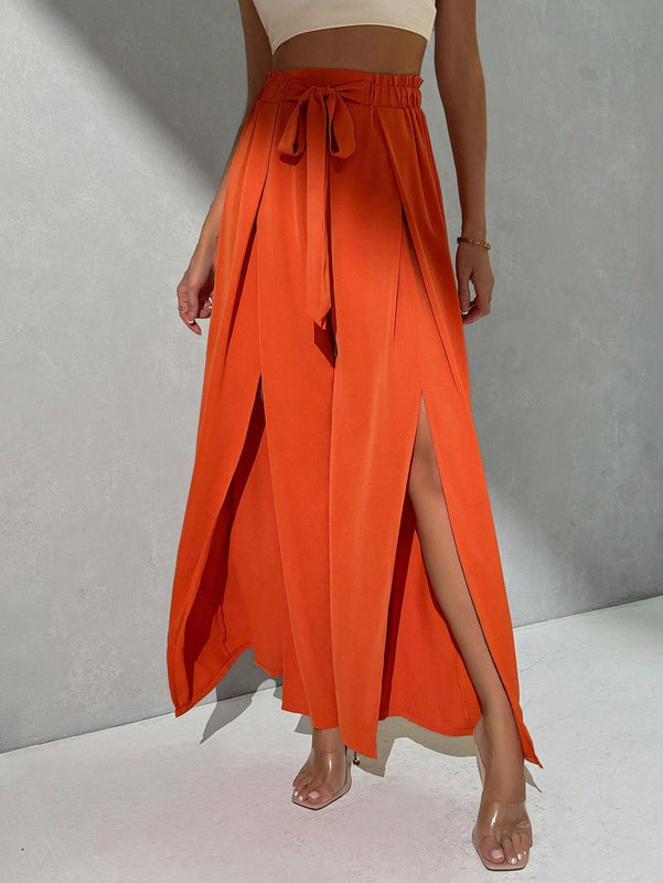 Prive Pantalones palazzo de longitud completa de pierna ancha y abertura alta con lazo en la cintura de unicolor para mujeres