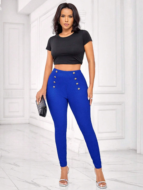Lady Pantalones delgados azules de verano con hebilla metalica