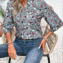 Camisa casual de vacaciones para mujer con estampado floral suelto, cuello en V acanalado y mangas acampanadas