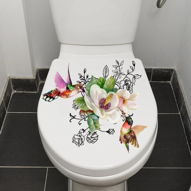 1pc patrón de pájaros y flores para inodoro, pegatinas para baño, calcomanías autoadhesivas, decoración del hogar