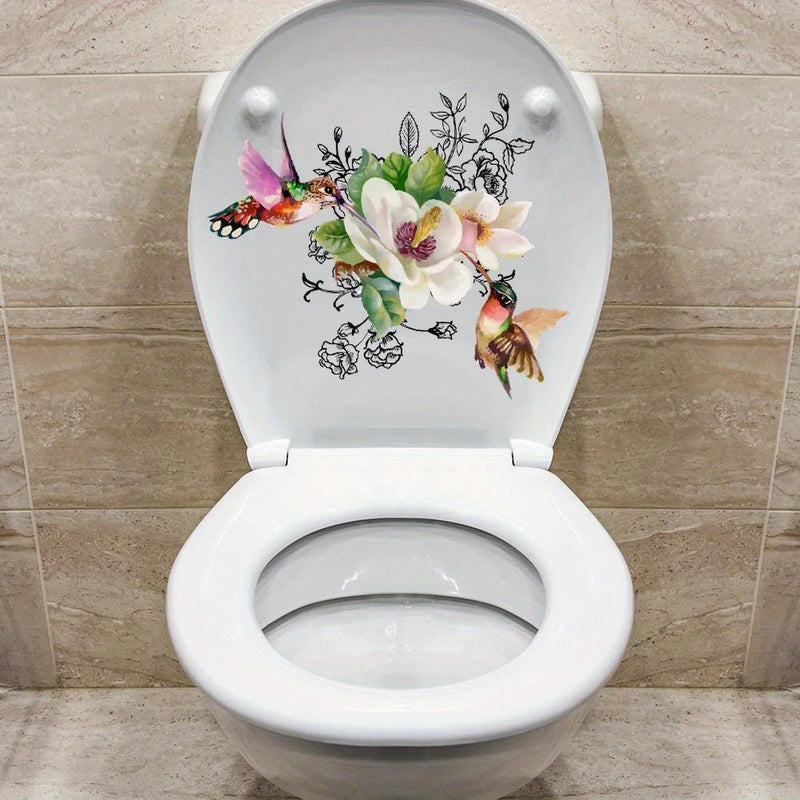 1pc patrón de pájaros y flores para inodoro, pegatinas para baño, calcomanías autoadhesivas, decoración del hogar