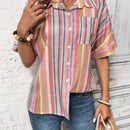 Camisa informal para mujer, de verano, estampado de rayas de colores con botones al frente