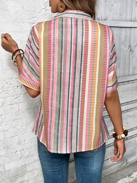 Camisa informal para mujer, de verano, estampado de rayas de colores con botones al frente