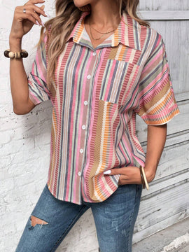 Camisa informal para mujer, de verano, estampado de rayas de colores con botones al frente