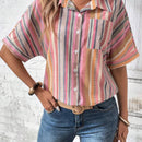 Camisa informal para mujer, de verano, estampado de rayas de colores con botones al frente