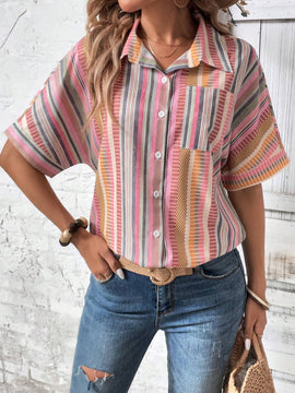 Camisa informal para mujer, de verano, estampado de rayas de colores con botones al frente