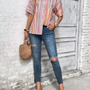 Camisa informal para mujer, de verano, estampado de rayas de colores con botones al frente
