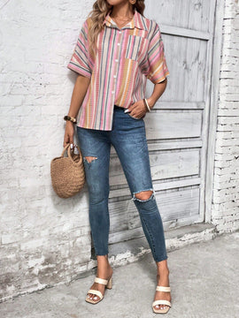 Camisa informal para mujer, de verano, estampado de rayas de colores con botones al frente