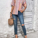 Camisa informal para mujer, de verano, estampado de rayas de colores con botones al frente