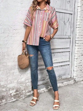 Camisa informal para mujer, de verano, estampado de rayas de colores con botones al frente