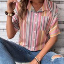 Camisa informal para mujer, de verano, estampado de rayas de colores con botones al frente