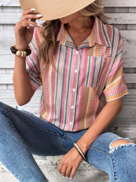 Camisa informal para mujer, de verano, estampado de rayas de colores con botones al frente