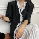 DAZY Camisa de verano casual para mujer con bloque de color y dobladillo de volantes
