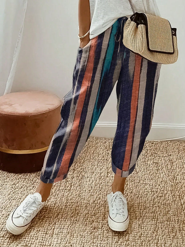 JORESS Pantalones conicos casuales y coloridos para vacaciones de mujer con rayas y bolsillos