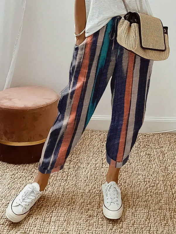 JORESS Pantalones conicos casuales y coloridos para vacaciones de mujer con rayas y bolsillos
