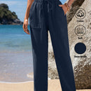 Emery rose pantalones largos casuales rectos y sueltos con cintura elastica, bolsillos y estampado de tenido anudado para mujer