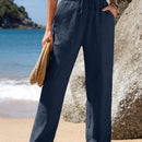 Emery rose pantalones largos casuales rectos y sueltos con cintura elastica, bolsillos y estampado de tenido anudado para mujer