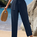 Emery rose pantalones largos casuales rectos y sueltos con cintura elastica, bolsillos y estampado de tenido anudado para mujer