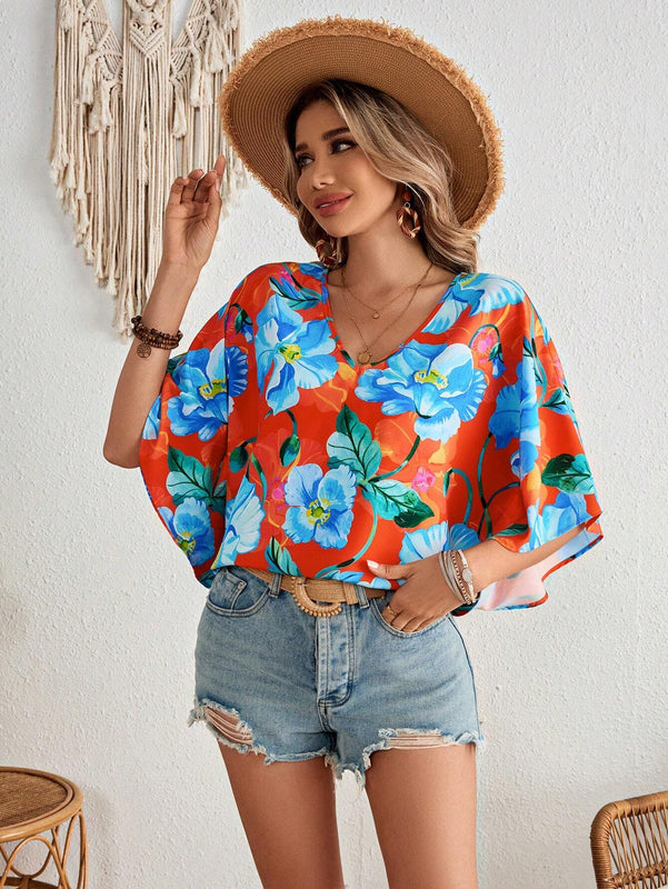 Mono camisa de manga larga suelta con cuello en V tejido estampado para mujer de vacaciones